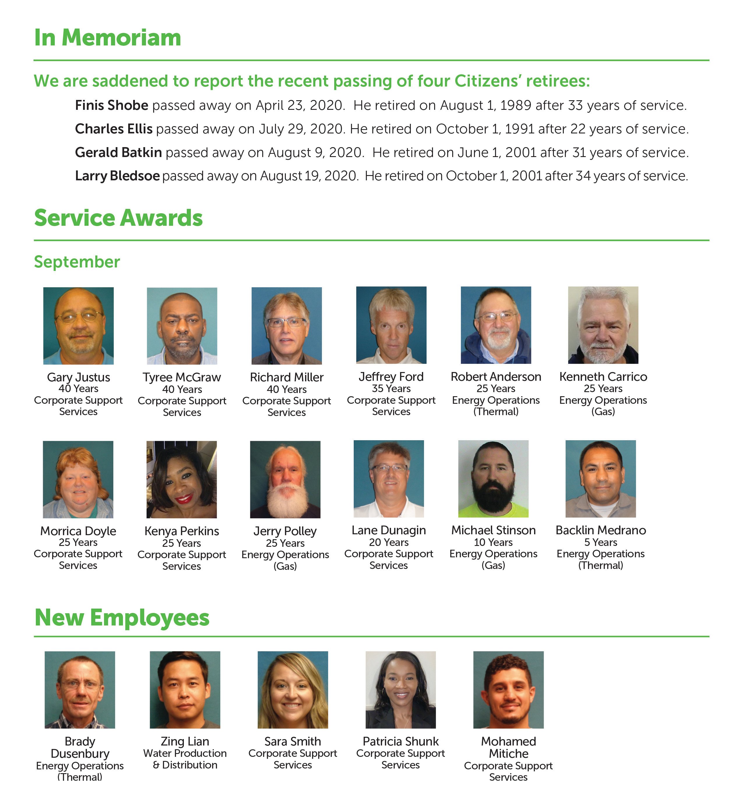 In Memorium - New Employees - Service Awards